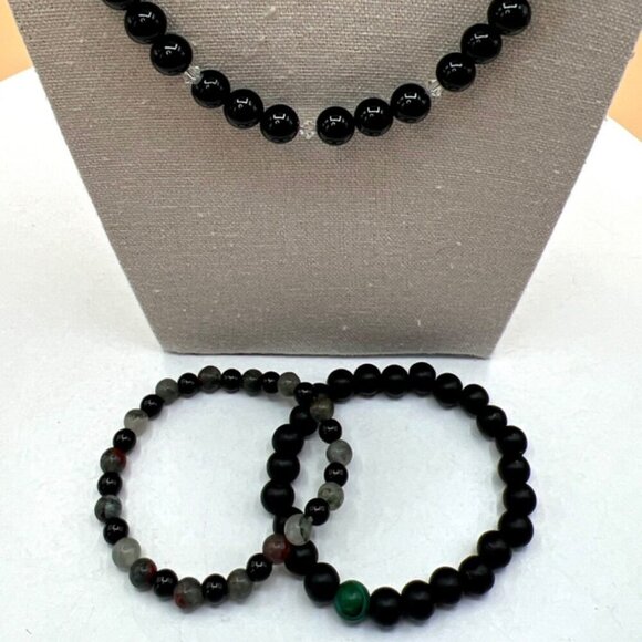 Elegant Black Glass Bead Necklace & Stone Bracelets Set.  C4 - Picture 2 of 13